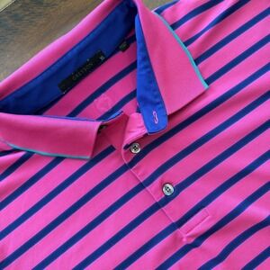 Greyson Polo Shirt Mens XL Pink Stripe Blue Monster Golf Performance Stretch